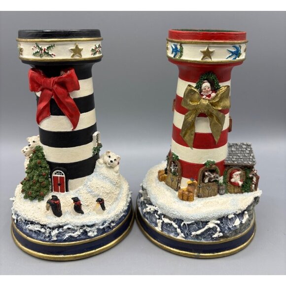 Vtg 90s Danbury Mint Set Of 2 Lighthouse Candle Stick Holders Christmas Design - Picture 1 of 8